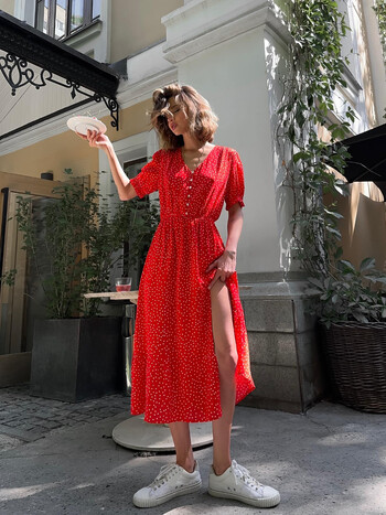 Bornladies Red Polka Dot Dress Women Summen Loose V-образно деколте Модна и елегантна дълга пола за офис дама Универсална рокля за пътуване