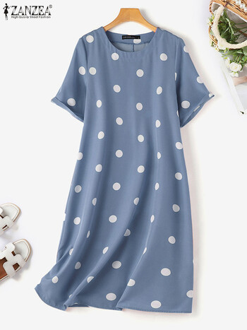 ZANZEA Γυναικείο Casual Dots τύπωμα φόρεμα 2024 Summer Loose Vestidos Solid φαρδύ φορέματα με στρογγυλή λαιμόκοψη Κομψές κοντές ρόμπες με κοντό μανίκι