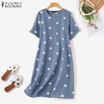 ZANZEA naiste vabaaja täppidega kleit 2024 suvine lahtine Vestidos Solid Baggy ümara kaelusega kleidid Elegantsed lühikeste varrukatega lühikesed hommikumantlid