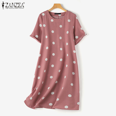 ZANZEA naiste vabaaja täppidega kleit 2024 suvine lahtine Vestidos Solid Baggy ümara kaelusega kleidid Elegantsed lühikeste varrukatega lühikesed hommikumantlid