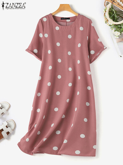 ZANZEA Γυναικείο Casual Dots τύπωμα φόρεμα 2024 Summer Loose Vestidos Solid φαρδύ φορέματα με στρογγυλή λαιμόκοψη Κομψές κοντές ρόμπες με κοντό μανίκι