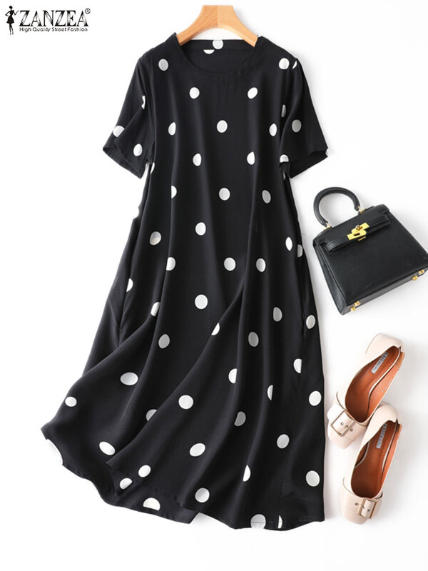 ZANZEA naiste vabaaja täppidega kleit 2024 suvine lahtine Vestidos Solid Baggy ümara kaelusega kleidid Elegantsed lühikeste varrukatega lühikesed hommikumantlid