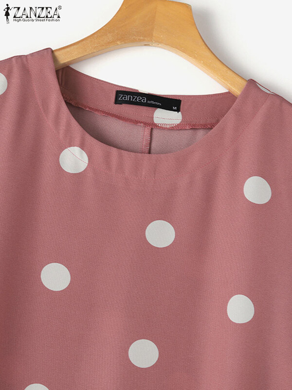 ZANZEA naiste vabaaja täppidega kleit 2024 suvine lahtine Vestidos Solid Baggy ümara kaelusega kleidid Elegantsed lühikeste varrukatega lühikesed hommikumantlid