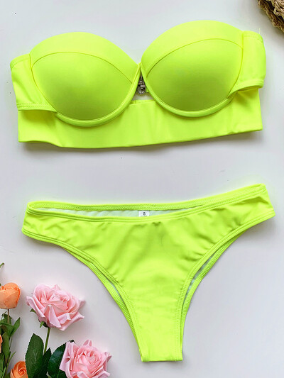 Neon Green Push Up Sutien Cupa Bikini Costum de baie Bandeau Femei Costum de baie Două Piese Set Bikini Costum de baie brazilian Swim Lady