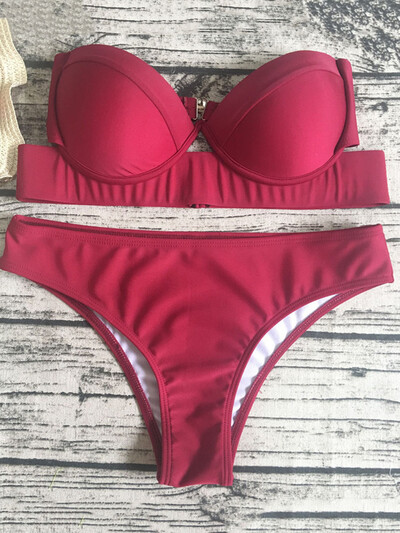 Neon Green Push Up Sutien Cupa Bikini Costum de baie Bandeau Femei Costum de baie Două Piese Set Bikini Costum de baie brazilian Swim Lady