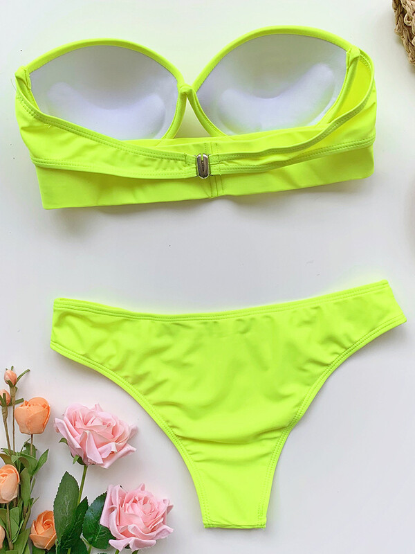 Neon Green Push Up Sutien Cupa Bikini Costum de baie Bandeau Femei Costum de baie Două Piese Set Bikini Costum de baie brazilian Swim Lady