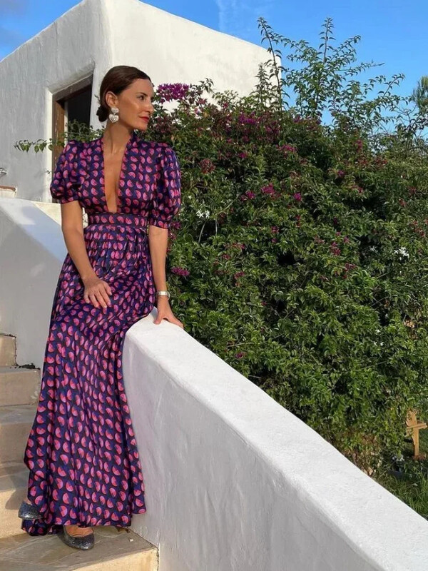 Moodsad sügava V-kaelusega trükitud avar pikk kleit naiste lühikeste puhvis varrukatega kõrge vöökohaga A-joonega kleidid 2024 Uus šikk peoõhtu rüü