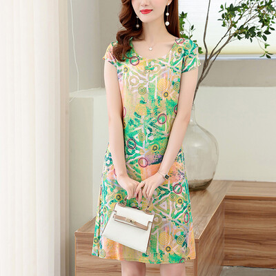 Uus kuum 2023 vabaaja vintage suvekleit naistele, lilledega, lühikeste varrukatega O-kaelusega trükkimine, elegantsed kleidid naiste riided