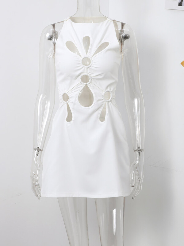 Mini rochie scobită pentru femei, sexy, fără mâneci, subțire, pachet de șold, rochii de damă, 2024, la modă, solid, cu gâtul în formă de O, rochii scurte de petrecere pentru femei