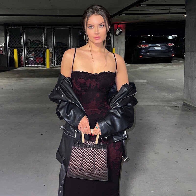 Ljetne seksi haljine crvene boje vina Ženske čipkaste haljine bez rukava s cvjetnim printom bez leđa, uska haljina do gležnja, estetski elegantna haljina za zabavu