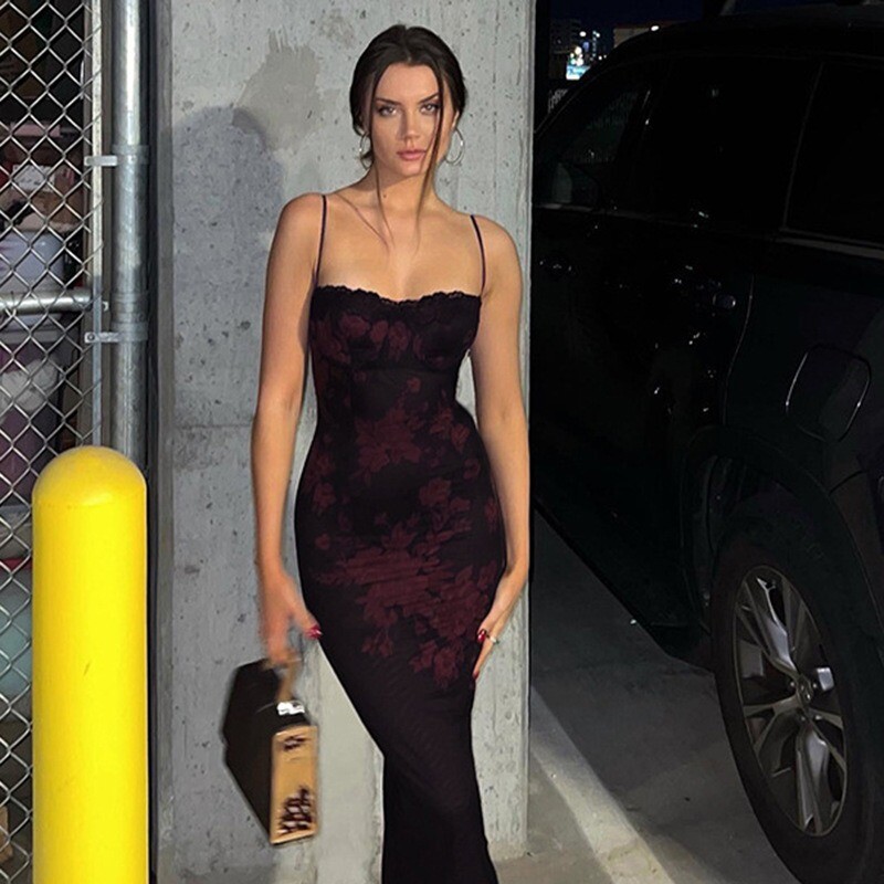 Ljetne seksi haljine crvene boje vina Ženske čipkaste haljine bez rukava s cvjetnim printom bez leđa, uska haljina do gležnja, estetski elegantna haljina za zabavu