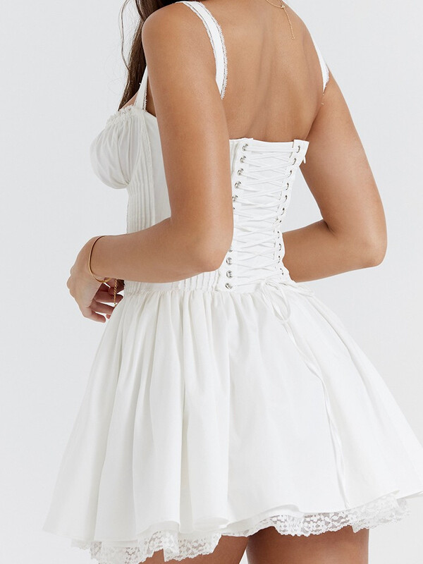 CHRONSTYLE femei de vară dantelă floral mozaic mini rochie fără mâneci decolteu pătrat cu cravată în față rochie tanc scurtă rochie de petrecere 2023