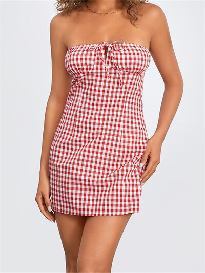 CHRONSTYLE Γυναικείο μίνι φόρεμα με σωλήνες στράπλες με ανοιχτό ώμο χωρίς πλάτη δέσιμο καρό φόρεμα με στάμπα Slim Fit Summer Clubwear Vestidos 2024