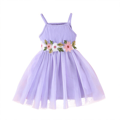 Suknelė vaikams nuo 2 iki 7 metų Gimtadienio mada Mielas gėlių dirželis su tiuline petnešėlėmis princesės laisvalaikio suknelės mergaitei