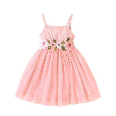 Suknelė vaikams nuo 2 iki 7 metų Gimtadienio mada Mielas gėlių dirželis su tiuline petnešėlėmis princesės laisvalaikio suknelės mergaitei