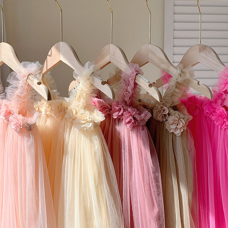 Nova ljetna dječja haljina za djevojčice 2024. 3D cvjetni remen Sweet Beauty Dječja mrežasta jednobojna lepršava suknja za plažu princeze za djevojčice