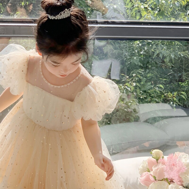 Tüdrukute printsessi kleit ümara kraega lühikeste varrukatega Beebi peokleit pärlvõrguga lastele