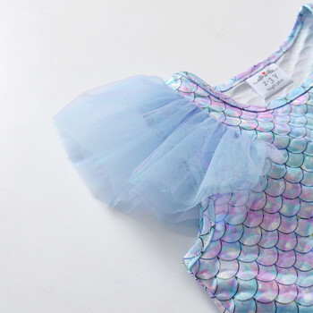 VIKITA Girls Flare Sleeve Summer Dress Kids Mermaid Print Birthday Party Travel Beach Princess Dresses Girls Mesh Tulle Dress