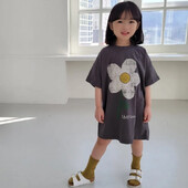 2024. aasta suvi, uute tüdrukute lühikeste varrukatega vabaajakleit, armas lillemustriga laste pikad T-särgid, lahtised, printsessi tüdrukute riietusriided