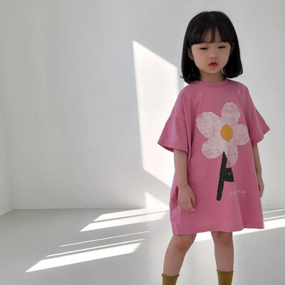 2024. aasta suvi, uute tüdrukute lühikeste varrukatega vabaajakleit, armas lillemustriga laste pikad T-särgid, lahtised, printsessi tüdrukute riietusriided