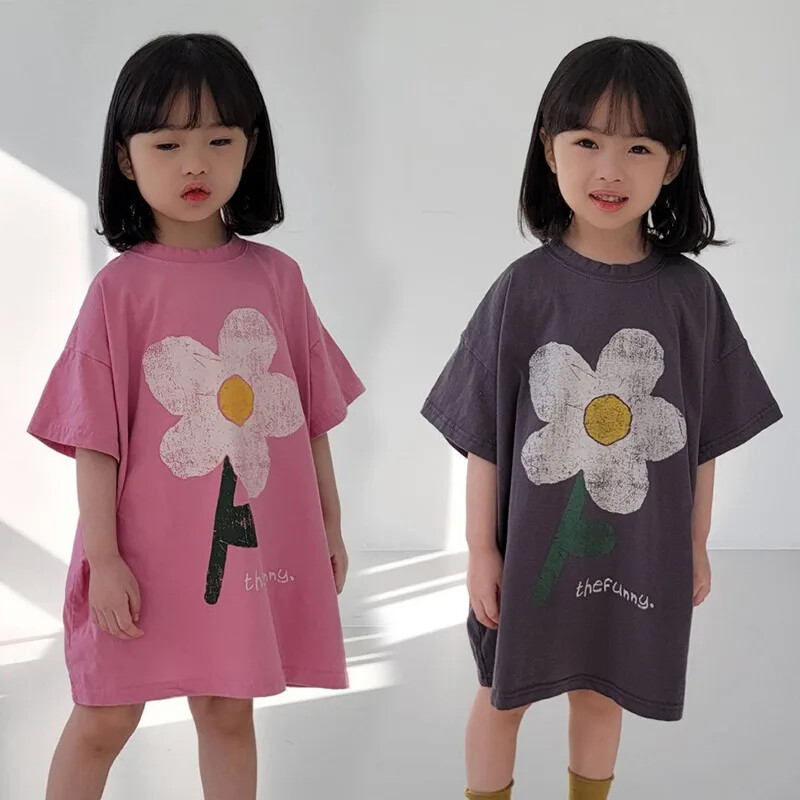 2024. aasta suvi, uute tüdrukute lühikeste varrukatega vabaajakleit, armas lillemustriga laste pikad T-särgid, lahtised, printsessi tüdrukute riietusriided