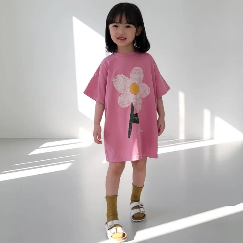 2024. aasta suvi, uute tüdrukute lühikeste varrukatega vabaajakleit, armas lillemustriga laste pikad T-särgid, lahtised, printsessi tüdrukute riietusriided