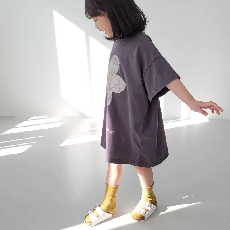 2024. aasta suvi, uute tüdrukute lühikeste varrukatega vabaajakleit, armas lillemustriga laste pikad T-särgid, lahtised, printsessi tüdrukute riietusriided