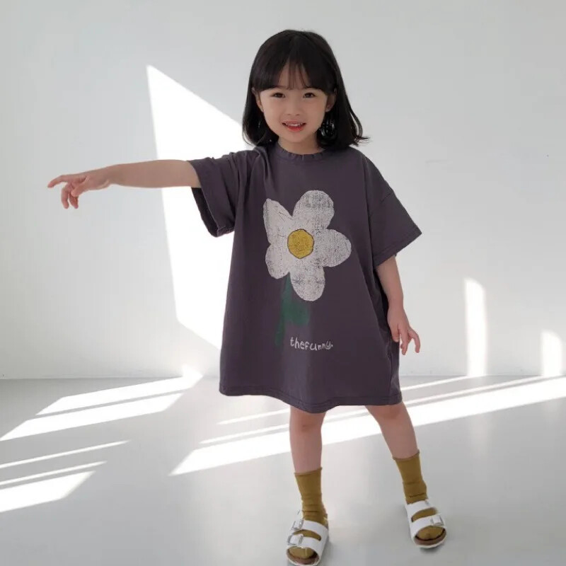 2024. aasta suvi, uute tüdrukute lühikeste varrukatega vabaajakleit, armas lillemustriga laste pikad T-särgid, lahtised, printsessi tüdrukute riietusriided