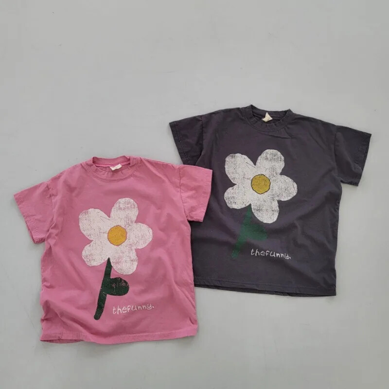 2024. aasta suvi, uute tüdrukute lühikeste varrukatega vabaajakleit, armas lillemustriga laste pikad T-särgid, lahtised, printsessi tüdrukute riietusriided