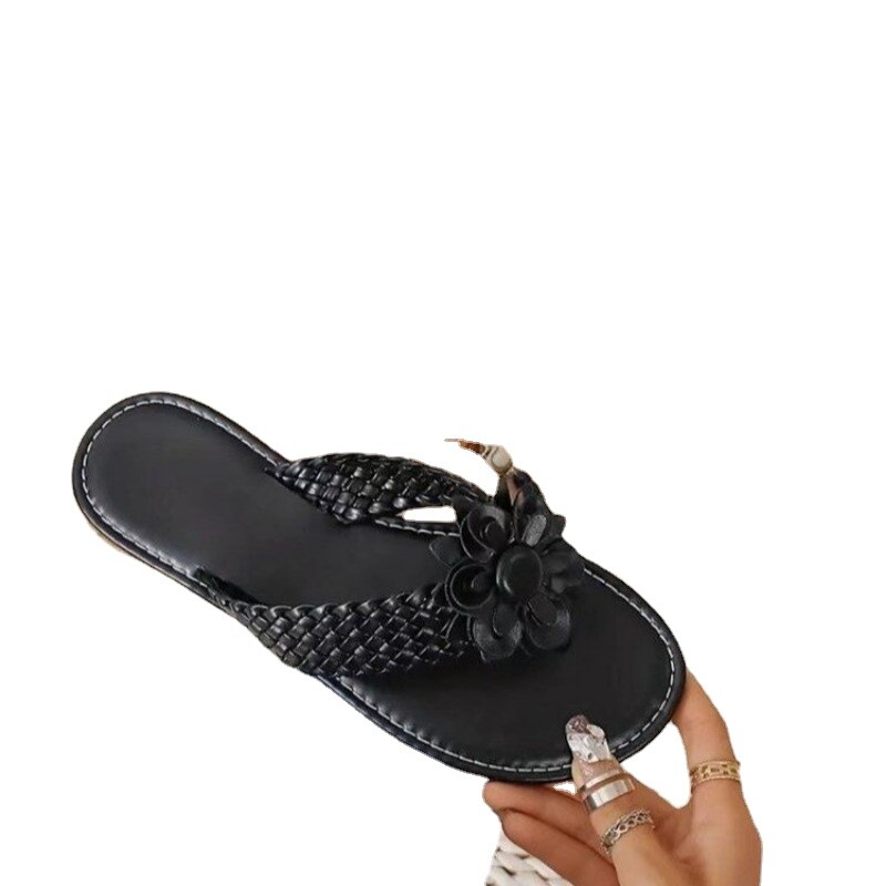 Moteriškos gėlės, plokščios šlepetės Moteriškos basutės Moteriškos šlepetės Boho stiliaus pintos juostos atviri batai, laisvalaikio neslystančios šlepetės