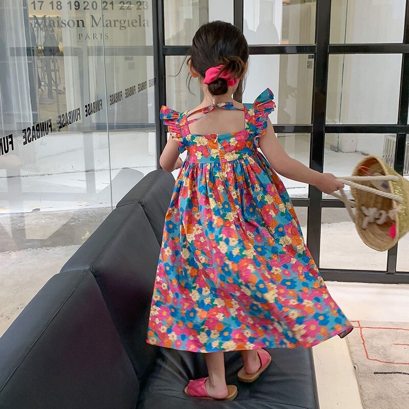 Vasarinė suknelė mergaitei Vaikiški drabužiai raukiniai, kvadratiniai kakleliai, rankovėmis, gėlių raštais, A linijos ilgio, miela princesiška suknelė