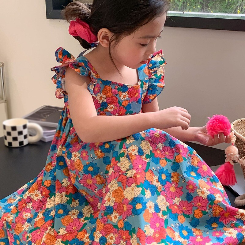 Vasarinė suknelė mergaitei Vaikiški drabužiai raukiniai, kvadratiniai kakleliai, rankovėmis, gėlių raštais, A linijos ilgio, miela princesiška suknelė