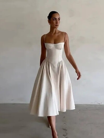 Vasaros moteriškos spagečių juostelės vientisa midi suknelė Elegantiška be nugarų be rankovių, didelės apvado A formos suknelės 2024 m. Moterų vakarėlio vakariniai chalatai