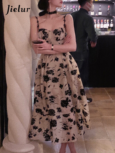 Jielur 2023. aasta suvine lilleline rihmaga midikleit naiste varrukateta elegantne vanakleit, õhtupeokleit, Korea mood