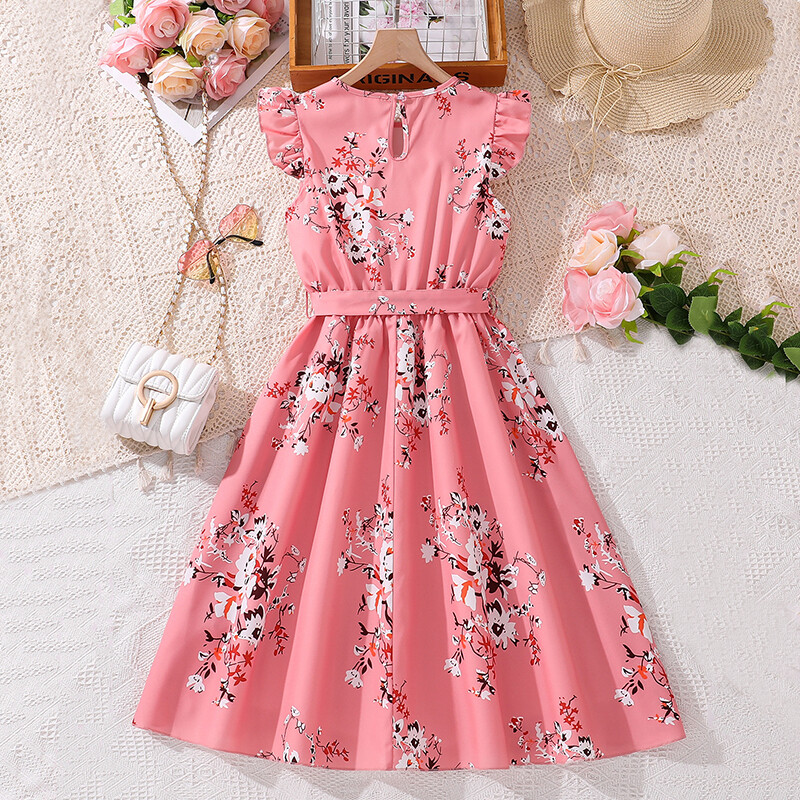 Dječja haljina za djevojčice 8-12 godina, ružičasta plisirana haljina bez rukava s printom i remenom za djevojčice, slatkog stila, haljina princeze za rođendansku zabavu