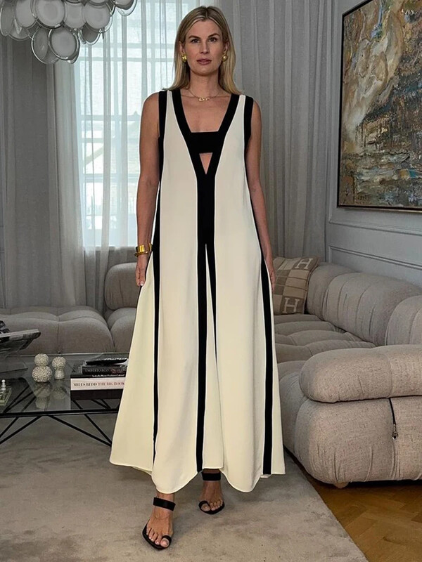 Elegantne sügava V-kaelusega lapiline rihm pikk kleit naiste seksikas varrukateta Midi-kleidid 2024. aasta suvi, uus kontor Lady Street Vestidos