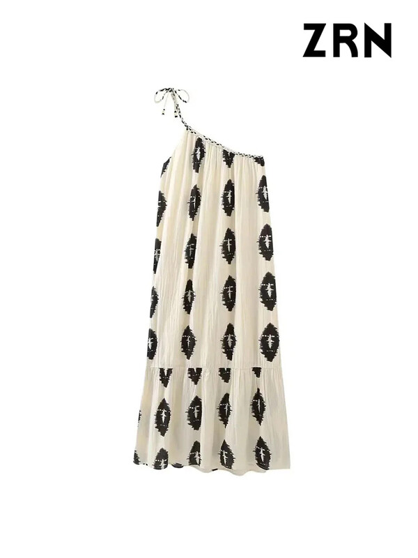 ZRN naiste moeprindiga asümmeetriline midikleit Seksikas seljaosata reguleeritava lipsupaelaga naiste kleidid Vestidos Mujer