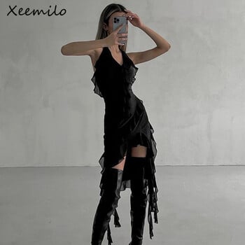 Xeemilo Sexy Mesh βολάν Νεράιδα Φόρεμα Αισθητική με βαθύ λαιμό V-λαιμόκοψη καλοκαιρινά ακανόνιστα Midi φορέματα 2023 Beach Party Outfits Women Vestido