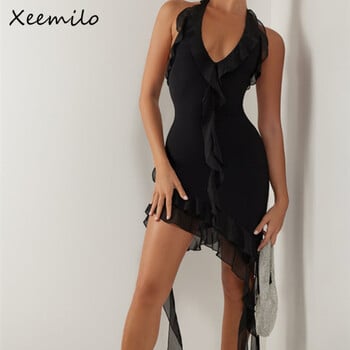 Xeemilo Sexy Mesh βολάν Νεράιδα Φόρεμα Αισθητική με βαθύ λαιμό V-λαιμόκοψη καλοκαιρινά ακανόνιστα Midi φορέματα 2023 Beach Party Outfits Women Vestido