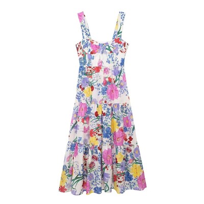 TRAF New Summer Holiday Spaghetti Strap Dress 2024 Women Fashion Flower Print Beach Vacation Midi Vestidos Camisole