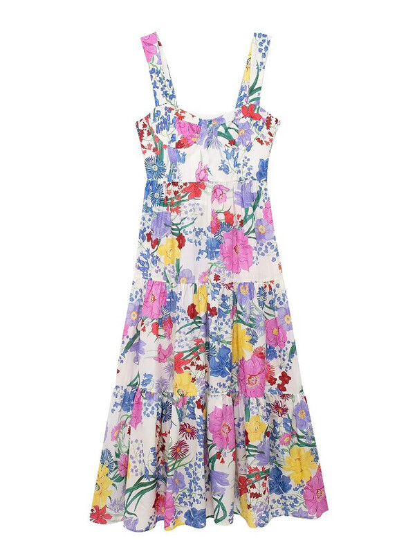 TRAF Nova ljetna haljina na naramenice za odmor 2024. Ženska modna haljina s cvjetnim printom za odmor na plaži Midi Vestidos Kamizol