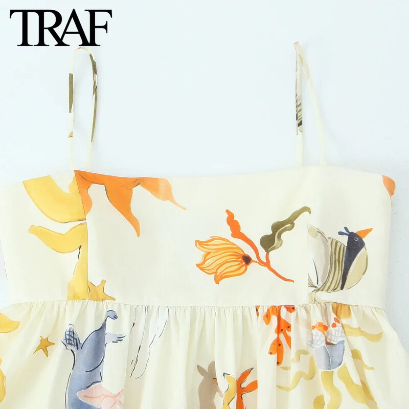 TRAF Moda pentru femei Imprimare de vară cu fermoar lateral fără mâneci, fără mâneci, fără spate, mini rochie chic pentru femei, eleganță franceză de seară