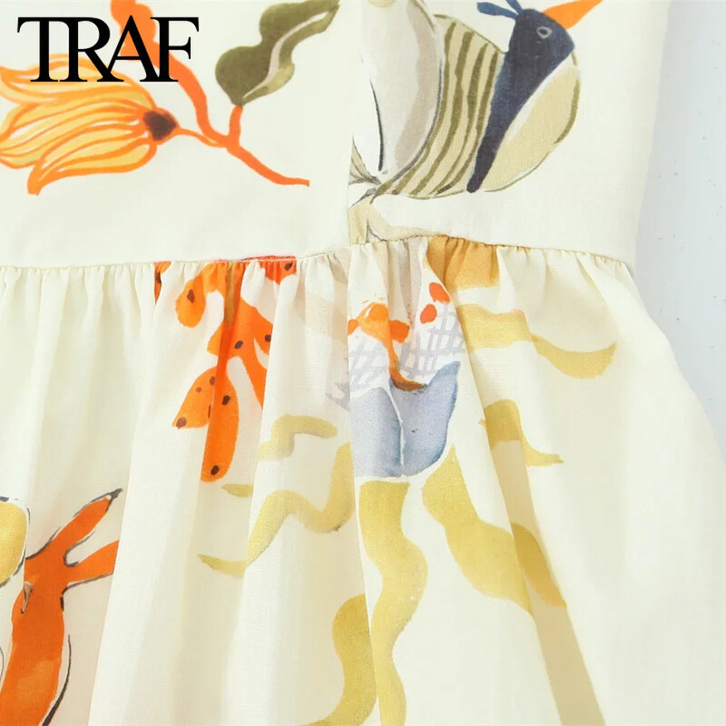 TRAF Moda pentru femei Imprimare de vară cu fermoar lateral fără mâneci, fără mâneci, fără spate, mini rochie chic pentru femei, eleganță franceză de seară