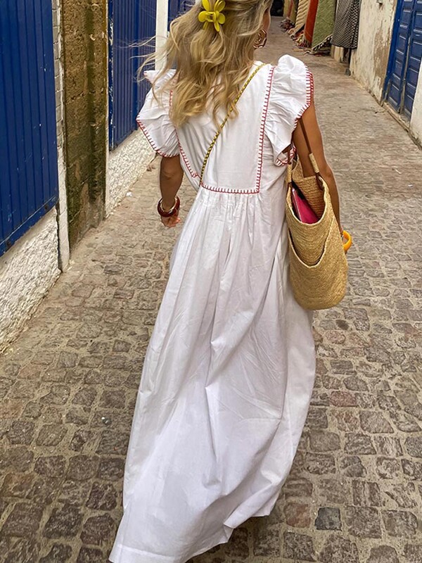 Moteriškos mados margintos keturkampio kaklo suknelė aukštu juosmeniu Elegantiška lotoso lapų rankovėmis suskaldytos A linijos suknelės 2024 m. vasaros gatvės aprangos chalatas