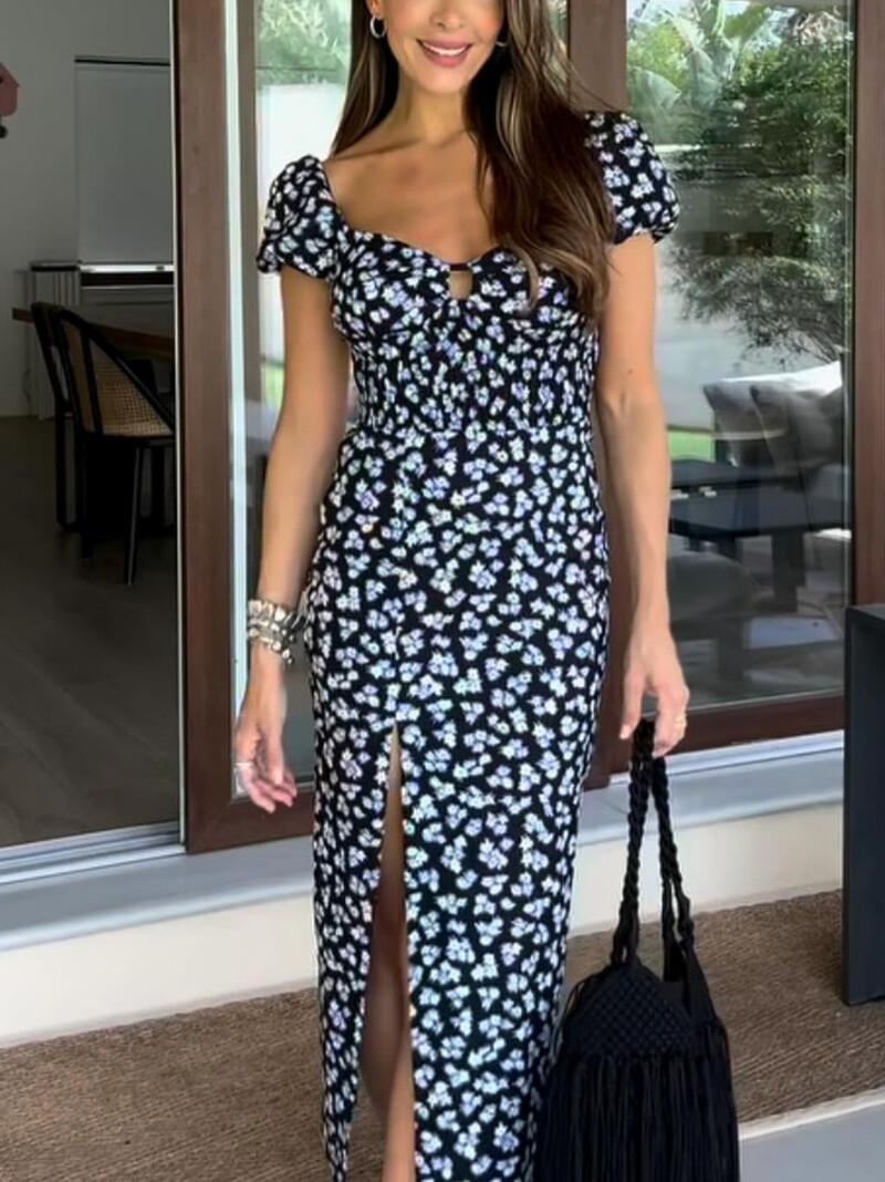 TRAF lillemustriga lõhikukleit naiste vabaaja õlgadeta rannapuhkuse naiste elegantne peokleit 2024 suvine uus