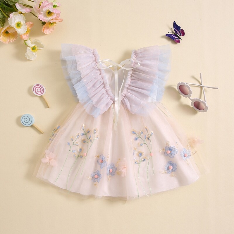 Rochie de vară din șifon cu mâneci pentru mușcă pentru copii, rochie pentru fete, prințesă, flori 3D, broderie, pentru petrecere, pentru copii, rochie transparentă pentru copii mici