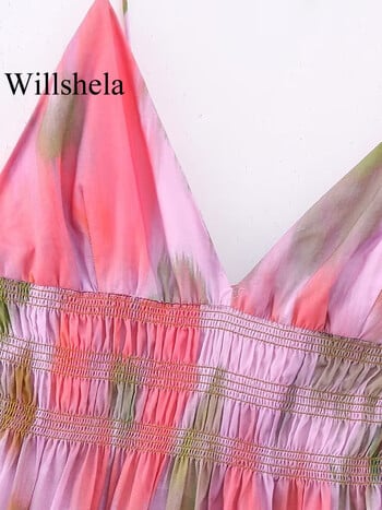 Willshela Дамска модна щампа с ластик на талията без гръб с дантела Midi Dress Ретро тънки презрамки V-образно деколте Женски шик дамски рокли