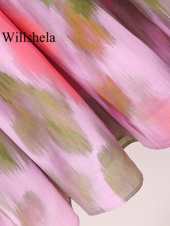 Willshela Дамска модна щампа с ластик на талията без гръб с дантела Midi Dress Ретро тънки презрамки V-образно деколте Женски шик дамски рокли