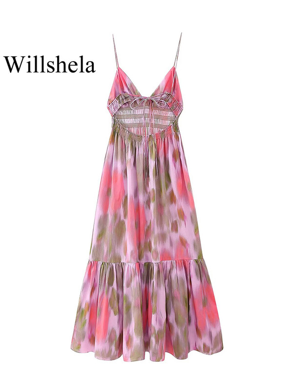 Willshela Ženska modna midi haljina s otisnutim elastičnim strukom bez leđa, vintage tanke naramenice, ženske elegantne ženske haljine s V-izrezom