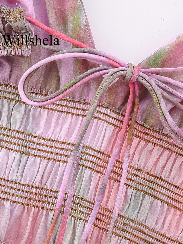 Willshela Ženska modna midi haljina s otisnutim elastičnim strukom bez leđa, vintage tanke naramenice, ženske elegantne ženske haljine s V-izrezom